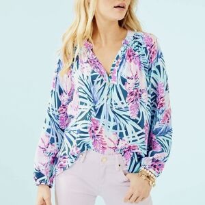 Lilly Pulutzer Elsa Silk Top Peacock Blue Tweethearts Sz.XS